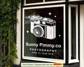 Calcomanía con el logotipo de un estudio fotográfico, dibujada a mano, para escaparates y paredes. Rótulos de vinilo adhesivo con texto personalizado para negocios.