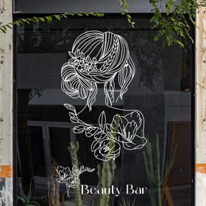 Elegant floral line art lady hair vinyl decal for beauty bars & salons, business logo for storefront windows, wall display, QR code signage