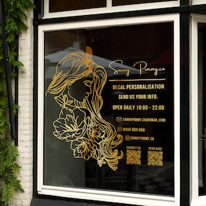 Small size beautiful hair salon decal for storefront decor, business logo vinyl sticker for retail shop, wall display, and QR code signage