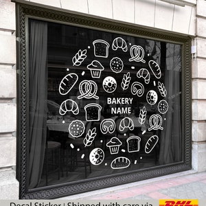 Puede incluir: Pegatina blanca con iconos de panadería, incluyendo pan, pasteles y pretzels, dispuestos en un círculo alrededor del texto "BAKERY NAME".