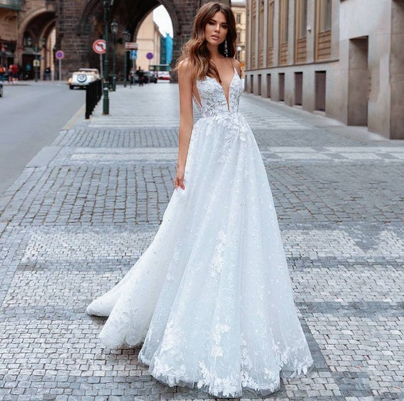 A Line Wedding Dress V neck wedding dress Lace Wedding | Etsy