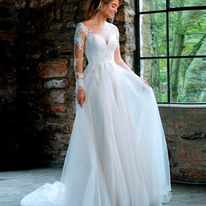 A line wedding dress, V neck wedding dress, Boho wedding dress, Butterfly sleeves wedding dress, Beach wedding dress