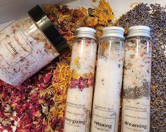Bath Salts, Relaxation Gifts for Her, Gifts for Her, Spa Gifts, Bath Salt Jars, Floral Bath Salts, Essential Oils, All Natural Dried Flowers