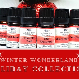 以下が含まれることがあります： クリスマスの香りのエッセンシャルオイルが10mlのボトル10本入ったコレクションです。ボトルには、ジンジャーブレッドハウス、ツイステッドキャンディーケーン、レットイットスノー、オークリスマスツリー、ジスクリスマス、ジョイトゥザワールド、トワズザナイト、クリスマスクッキーという香りが書かれています。ボトルは2列に5本ずつ並んでいます。背景は赤で、白い星が散りばめられています。
