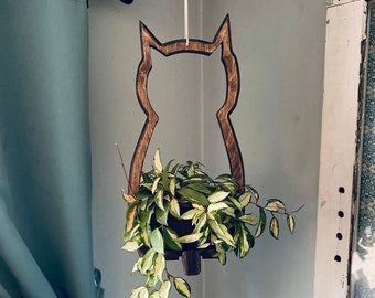Cat plant hanger, plant hanger, indoor planter, planter, plant stand, wood plant hanger, gift for cat lover, plants, wood hanger
