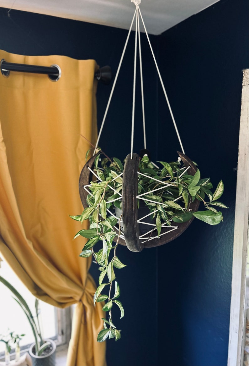 Woven ball, plant hanger, wood planter, indoor plant hanger, plant stand, gift for plant lover, gift for wife, plant decor, macrame, plants image 4