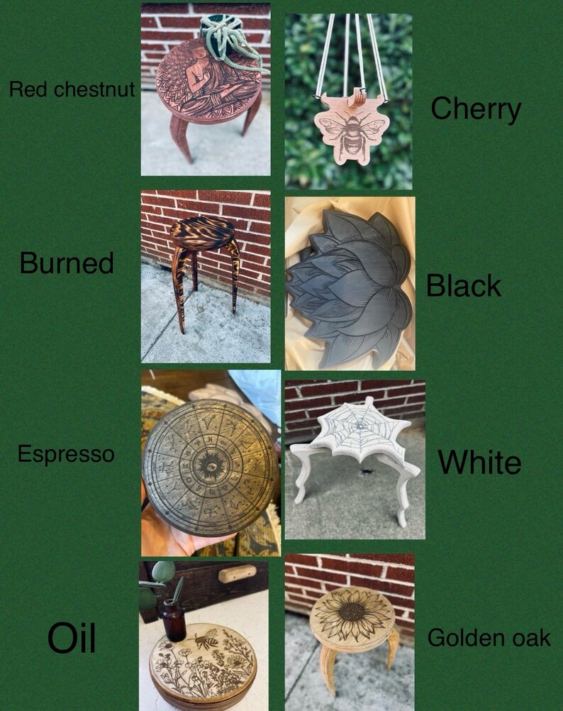 May include: A collection of small wooden tables with different wood stains and finishes. The table tops feature various designs, including a sunflower, a spiderweb, a lotus flower, a bee, and a compass. The table legs are all the same style, with a curved design. The table tops are all about 30 cm in diameter.
