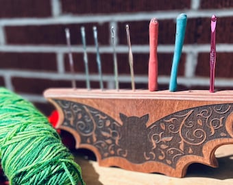 Bat, crochet hook holder, crochet, hooks, wood hook holder, crochet stand, gift for crochet lover, gift for mom, yarn needle, Christmas gift