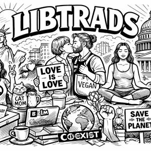 Puede incluir: Ilustración en blanco y negro con la palabra "LIBTRADS" en la parte superior. La imagen incluye la Estatua de la Libertad, el Capitolio de los Estados Unidos y personas que sostienen carteles con las palabras "VOTE", "LOVE IS LOVE" y "SAVE THE PLANET". Otros textos incluyen "VEGAN" y "COEXIST".