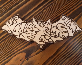 Bat decor, wall hanging, hanging wall decor, monstera decor, plant decor, gift for plant lover, wood wall art, bat art, Halloween decor,