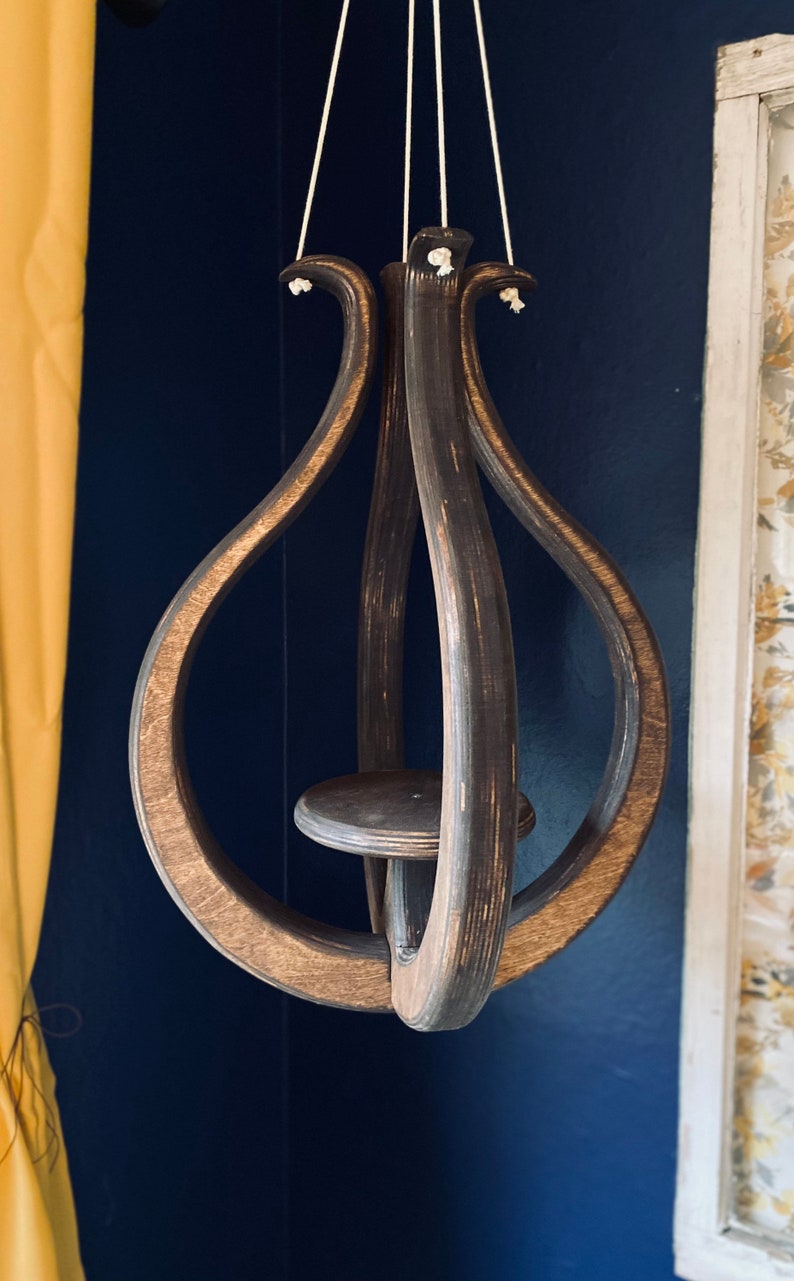May include: A dark brown wooden hanging planter with a circular design and a small platform in the center. The planter is suspended by three white cords.