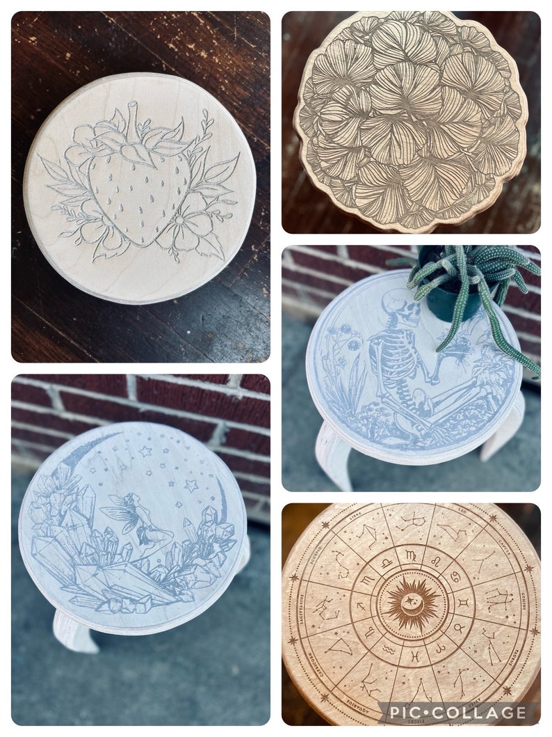 May include: Four different wooden stools with various designs. The first stool has a strawberry and flowers design. The second stool has a floral design. The third stool has a skeleton and flowers design. The fourth stool has a zodiac wheel design.