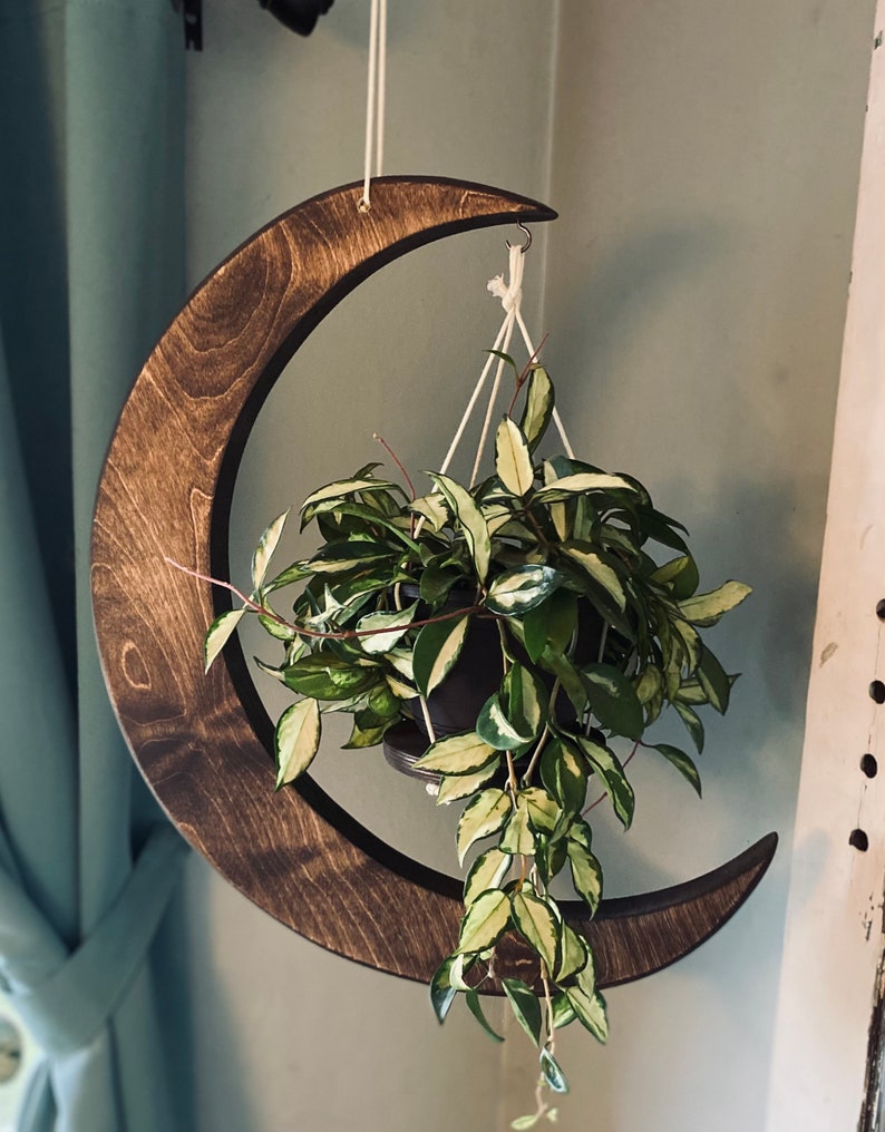 Moon, plant hanger, plant stand, indoor planter, wood plant hanger, birthday gift for wife, plant lover gift, witchy gift, planter image 3