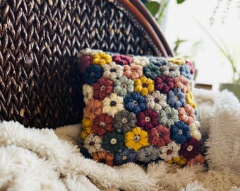 flower puff stitch, throw pillow, pillow, decor pillow, handmade, crochet  pillow, home decor, chair pillow, couch pillow, flower, yarn