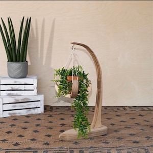Small floor basket, wood plant stand, hanging basket, indoor plant hanger, boho decor, indoor plant stand, wood plant stand, plant hanger,