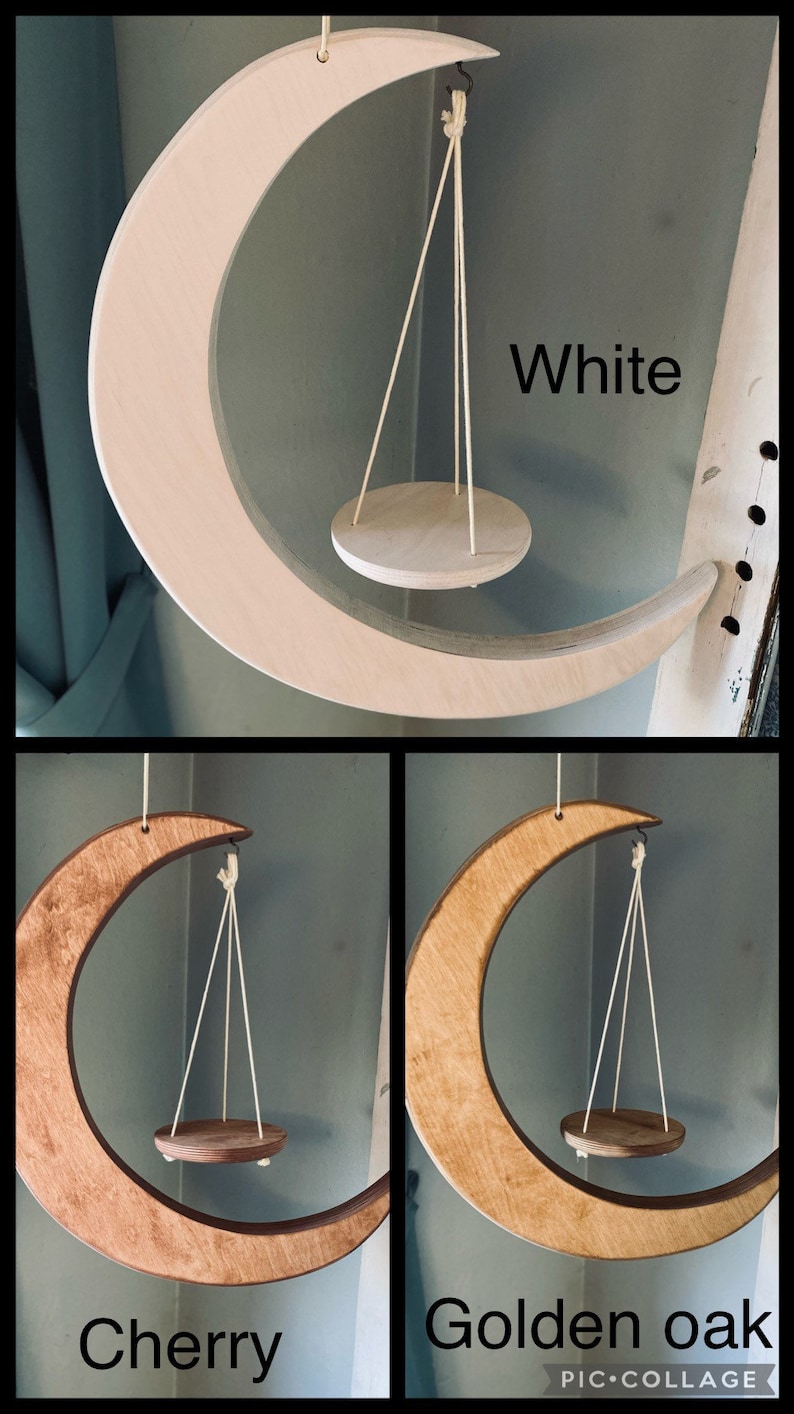 May include: Three crescent moon shaped wooden shelves with hanging plant pots. The shelves are shown in three different wood stains: white, cherry, and golden oak.