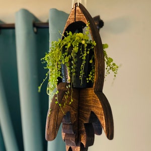May include: A wooden rocket-shaped planter hangs from the ceiling with a small green plant inside. The planter is dark brown and has a detailed design.