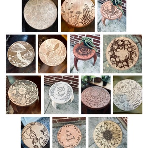 May include: A collection of 12 round wooden stools with various designs burned into the surface. The designs include a sunflower, an owl, a mushroom, a mermaid, a cactus, a mandala, and more.