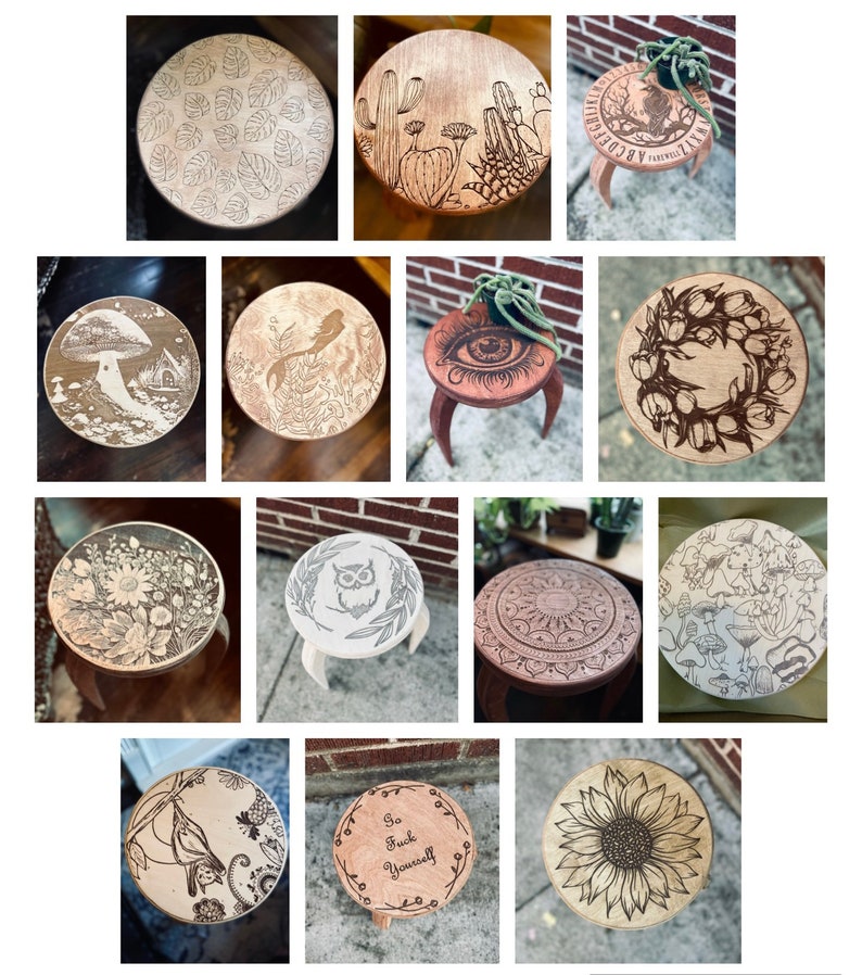 May include: A collection of 12 round wooden stools with various designs burned into the surface. The designs include a sunflower, an owl, a mushroom, a mermaid, a cactus, a mandala, and more.