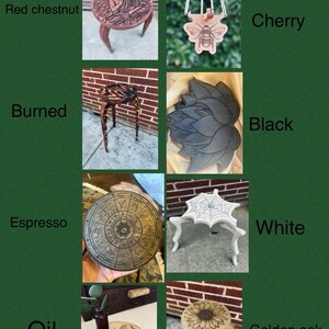 May include: A collection of small wooden tables and decorative items. The tables are in various colors and finishes, including red chestnut, burned, espresso, oil, white, and golden oak. Other items include a cherry-colored bee pendant and a black lotus flower.