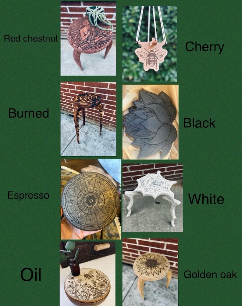 May include: A collection of small wooden tables and decorative items. The tables are in various colors and finishes, including red chestnut, burned, espresso, oil, white, and golden oak. Other items include a cherry-colored bee pendant and a black lotus flower.