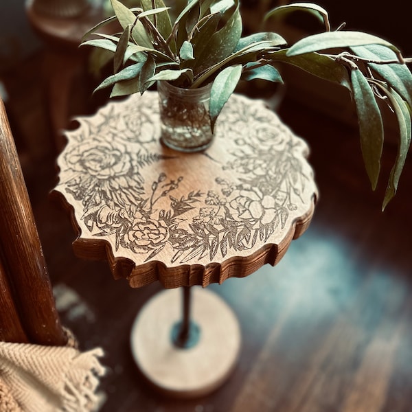 Metal floral, plant stand, side table, end table, office furniture, planter, floral decor, boho decor, wood stand, plant shelf, gift for mom