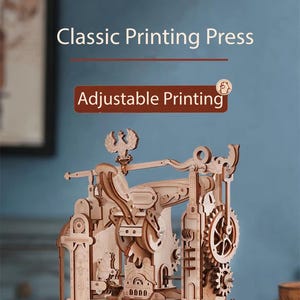 Classic Printing Press 3D Wooden Puzzle Kit – Mechanical Vintage Model | Adjustable Printing, No Glue Needed, DIY Gift for Adults