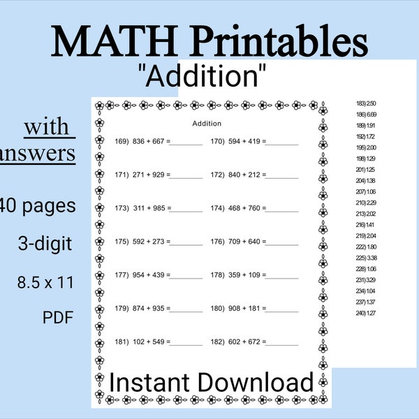 math addition with solutions, math printables, math4kids, homeschool, learning, school, instant download, mathematics printable worksheets,