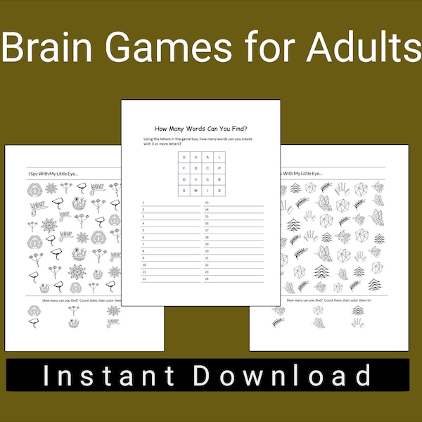adult brain games, adult puzzles, printables for adults, activity pages, I spy with my eye, instant download, 30 puzzles for adults, sheets