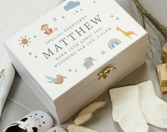 Personalised Safari Animals White Wooden Keepsake Box | keepsake box | newborn keepsake box | Safari Gifts | New Baby Gifts | Memory Box UK