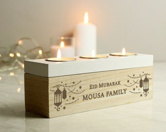 Personalised Eid and Ramadan Triple Tea Light Box | Engraved Candle Holder | Eid Mubarak | Eid gift| Gift for Couple | Eid Decor | UK MADE