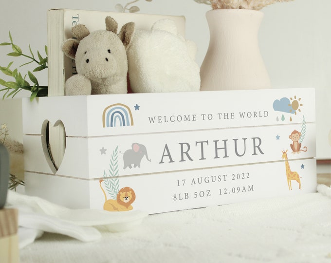 Personalised Safari Animals White Wooden Crate | Keepsake Box | Newborn ...