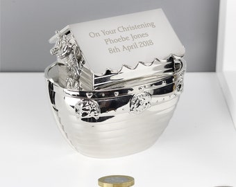 Personalised Silver Noahs Ark Money Box | Gift for Baby | Birthday Present | Christening Gift | baptism | Thank You | Nursery Decor | Ark