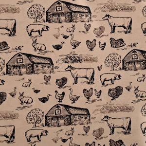 Könnte beinhalten: Ein sich wiederholendes Muster in Sepia-Tönen mit Bauernhoftieren und -gebäuden. Kühe, Schweine, Hühner, Gänse und Kaninchen sind zusammen mit Scheunen, Bäumen und ländlichen Szenen dargestellt. Das Design hat eine Vintage-Optik.