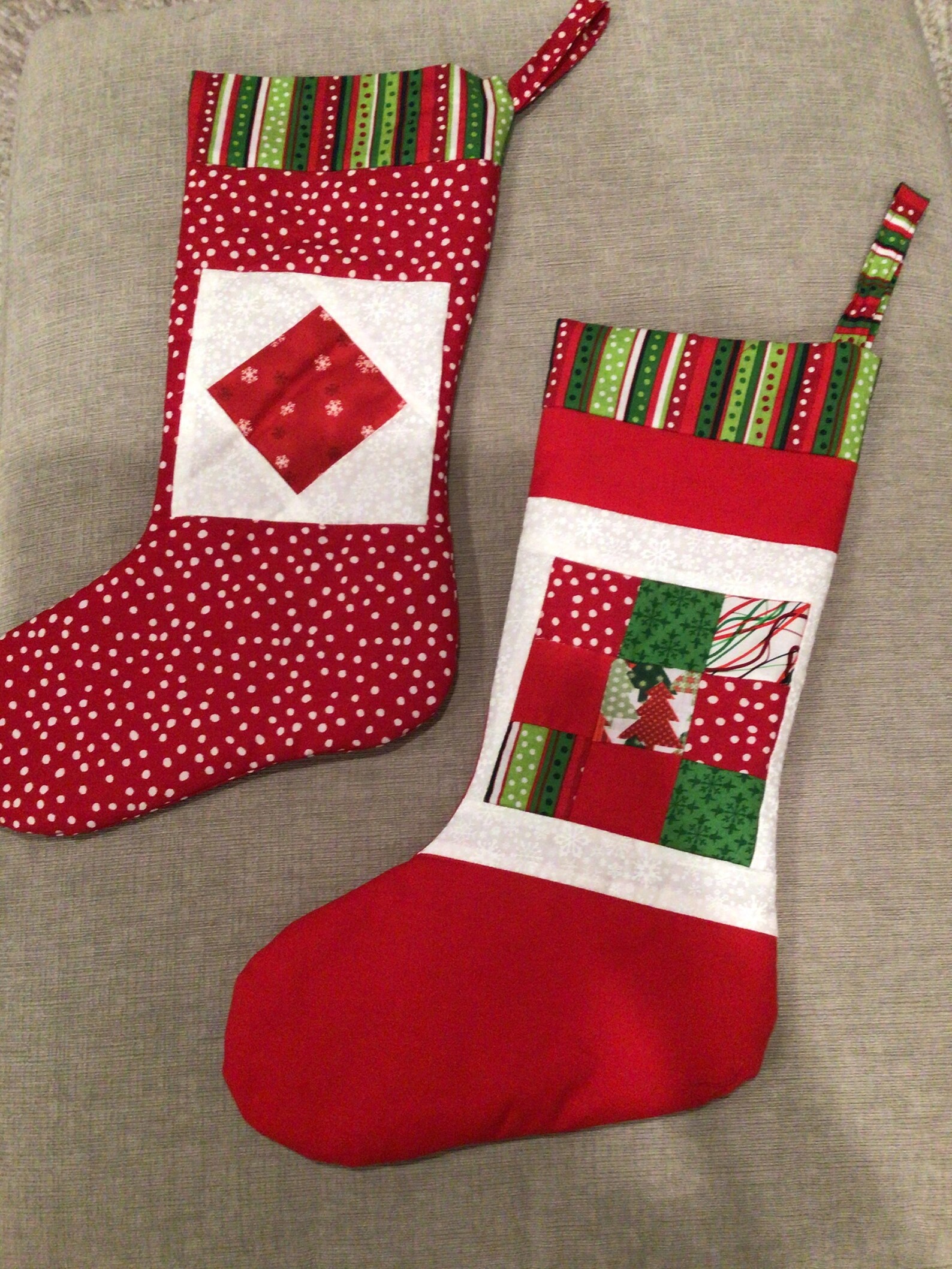 Pair of quilted Christmas stockings in bright red and green Etsy