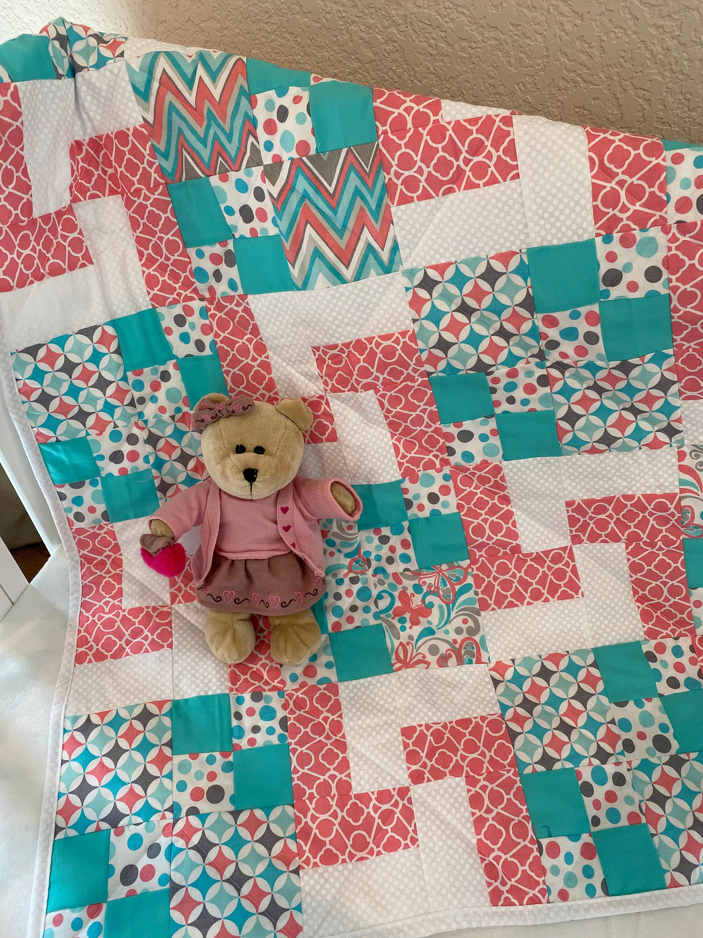 Peach and turquoise chevron baby quilt peach and polka dot Etsy
