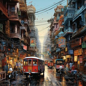 Könnte beinhalten: Eine Straßenszene in Indien mit roten, gelben und blauen Gebäuden. Die Straße ist nass vom Regen und es sind mehrere Menschen zu Fuß und mit Fahrrädern unterwegs. Es gibt drei rote Busse auf der Straße, von denen einer ein Doppeldeckerbus ist.