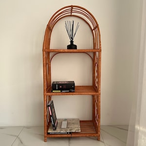 Rattan arched bookshelf, wicker living room furniture, entryway japandi decor, home gift