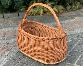 Handmade Willow Market Basket: Rustic Wicker Picnic Basket