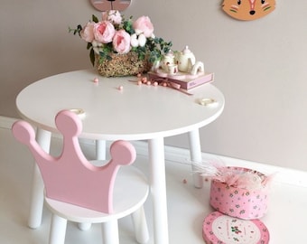 Kids table and chair set, wooden toddler table, crown chair, Montessori kids playroom