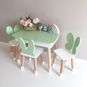 Op de afbeelding: Een groene kindertafel en vier stoelen met konijnenoren. De stoelen zijn wit met natuurlijke houten poten. De tafel heeft een groen blad en natuurlijke houten poten.