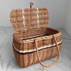 Picnic basket, Picnic Wicker Basket, Wicker Market Shopping, Picnic Basket, Handmade, Three Color Basket with One Top Handle Medium Size image 2