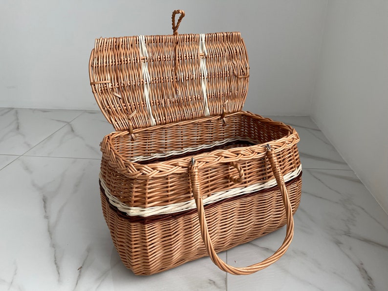 Picnic basket, Picnic Wicker Basket, Wicker Market Shopping, Picnic Basket, Handmade, Three Color Basket with One Top Handle Medium Size image 2