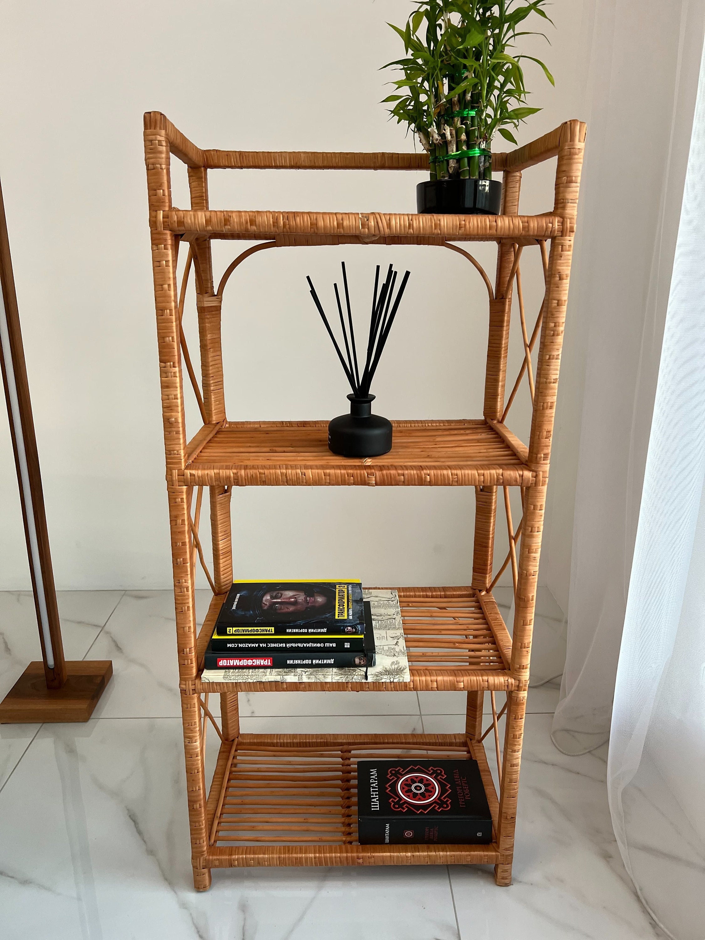 棚・シェルフ・ラック 70s Rattan shelf Natural Wicker Bookshelf, Rattan Shelf Plant Stand, Boho Decor - Etsy