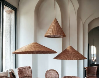 Rattan Cone Lamp Shade Woven Rattan Light Vintage Kitchen Lamp, Brown Beige Rattan Pendant Lights