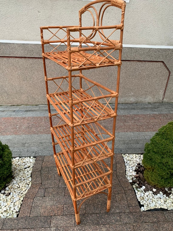 Handgefertigtes Korbregal, 4-Tier-Rattan-Blumenständer, Boho-Dekor