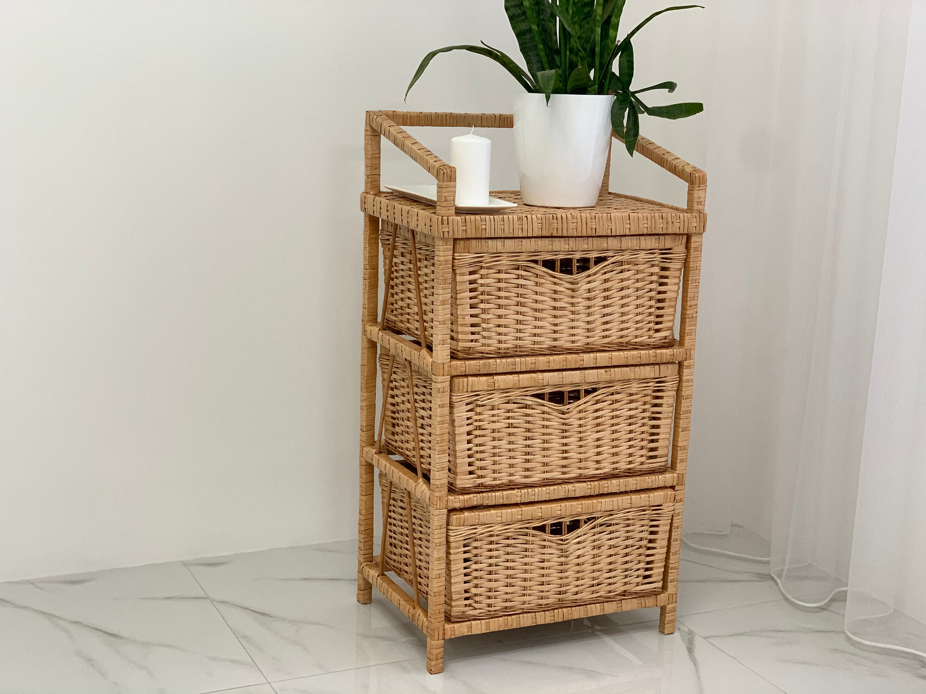 Wicker dresser, rattan 3 drawer chest, boho storage cabinet, woven nightstand