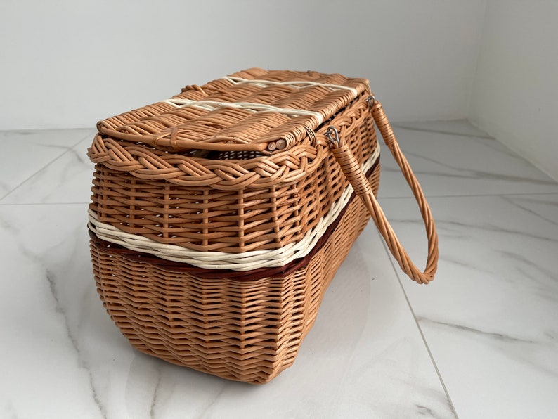 Picnic basket, Picnic Wicker Basket, Wicker Market Shopping, Picnic Basket, Handmade, Three Color Basket with One Top Handle Medium Size image 8