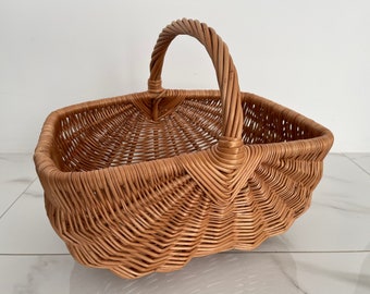 Willow Basket, Woven Wicker Basket, Gathering Basket, Woven Picnic Basket, Rectangular Basket, Grocery Wicker Basket with Handle