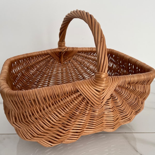 Willow Basket, Woven Wicker Basket, Gathering Basket, Woven Picnic Basket, Rectangular Basket, Grocery Wicker Basket with Handle